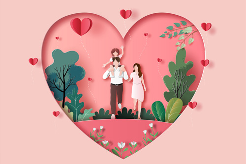 وکتور EPS لایه باز طرح گرافیکی و کاغذی مناسب روز ولنتاین شامل خانواده ای سه نفره شامل پدر و مادر و دختری روی شانه های پدر در حال قدم زدن در پارک